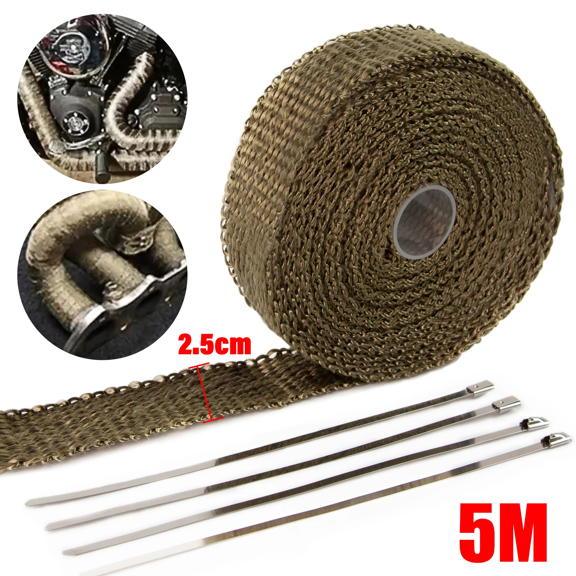 2.5x5M Exhaust Pipe Insulation Thermal Heat Wrap Roll Insulation Cotton Banana Cloth Motorcycle Fiberglass Heat Shield Tape