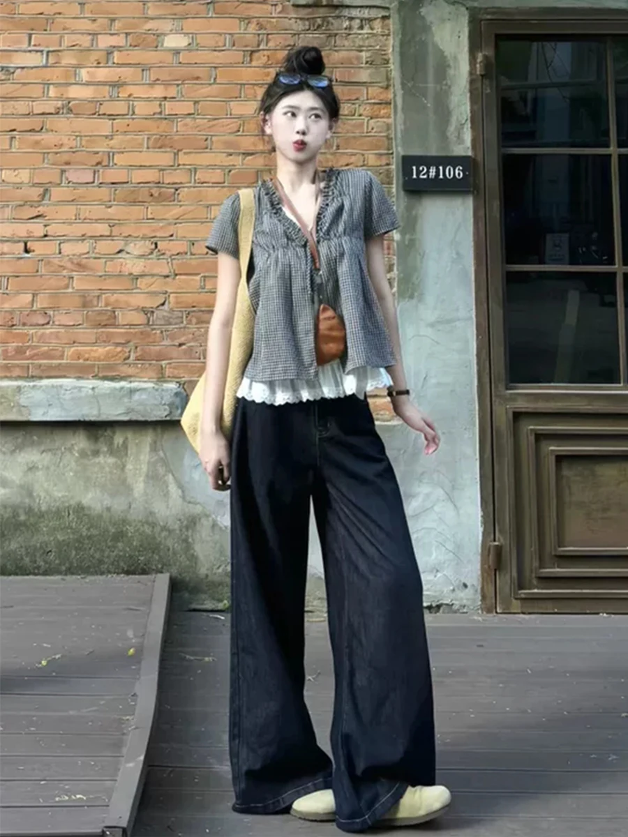 

Прямые джинсовые джинсы с высокой талией, женские большие размеры, свободные широкие брюки в пол, весна-лето