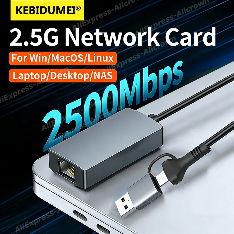 

Сетевая карта KEBIDUMEI 2500 Мбит/с Ethernet USB3.0 Type-C с разъемом RJ45 для Windows 11, гигабитный конвертер 1000M/100M, интернет-кабель LAN