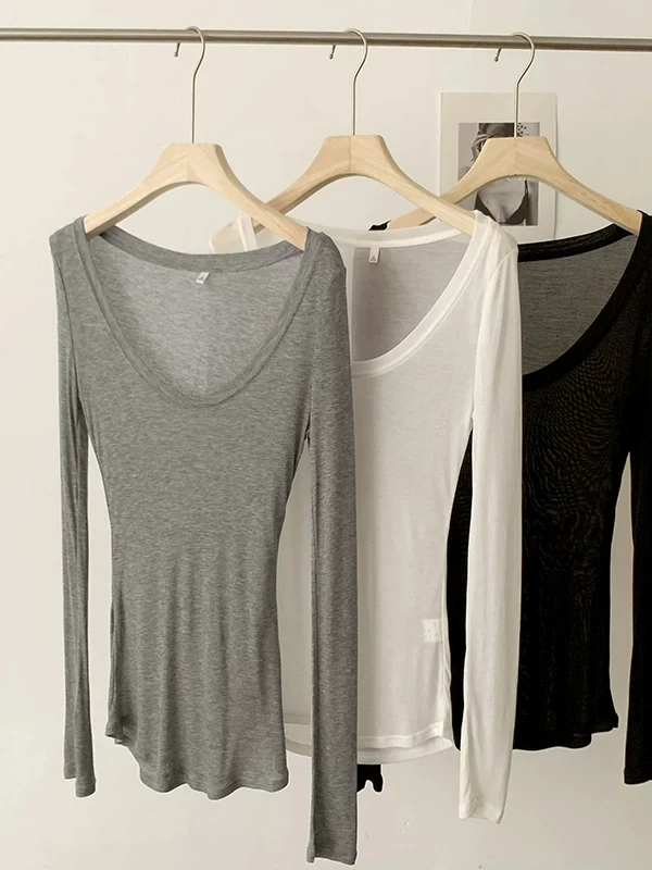 Stylish White Long Sleeve Thin U-Neck T-Shirt Korean Style Autumn Design Base Layer Top Women's Fashion Breathable Cotton Blend