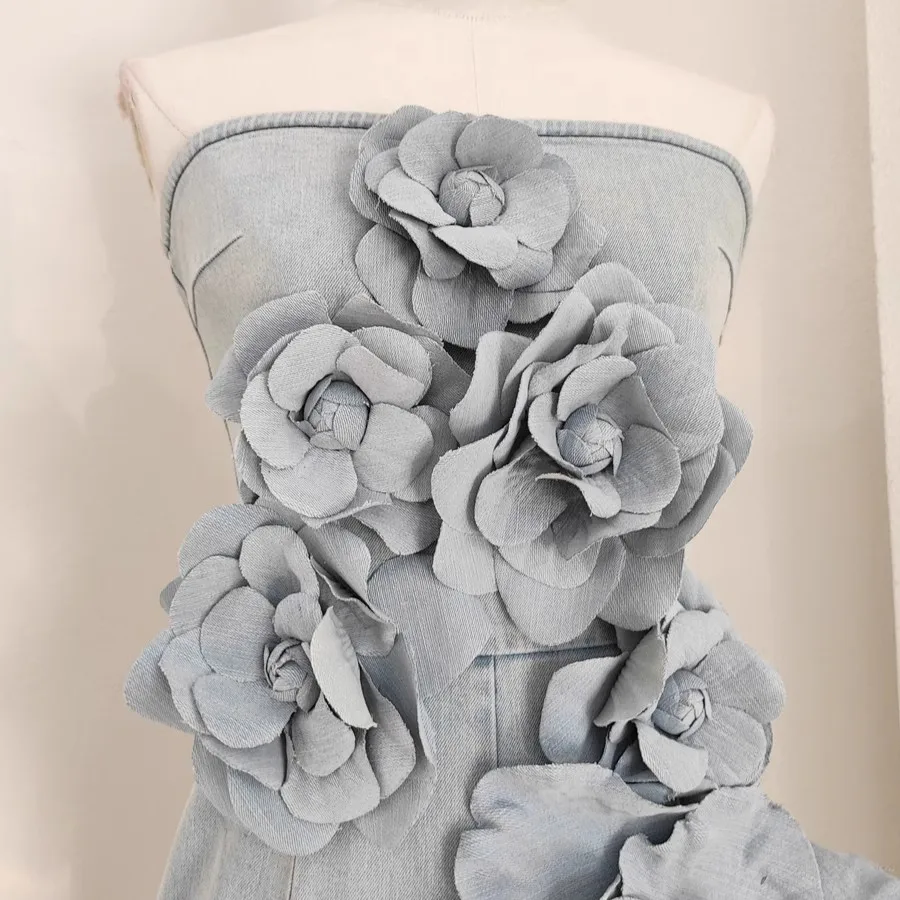 3D Appliques Flower Strapless Demin Jumpsuits For Women Off Shoulder Sleevelss Solid Color High Waist Full Length Overalls New