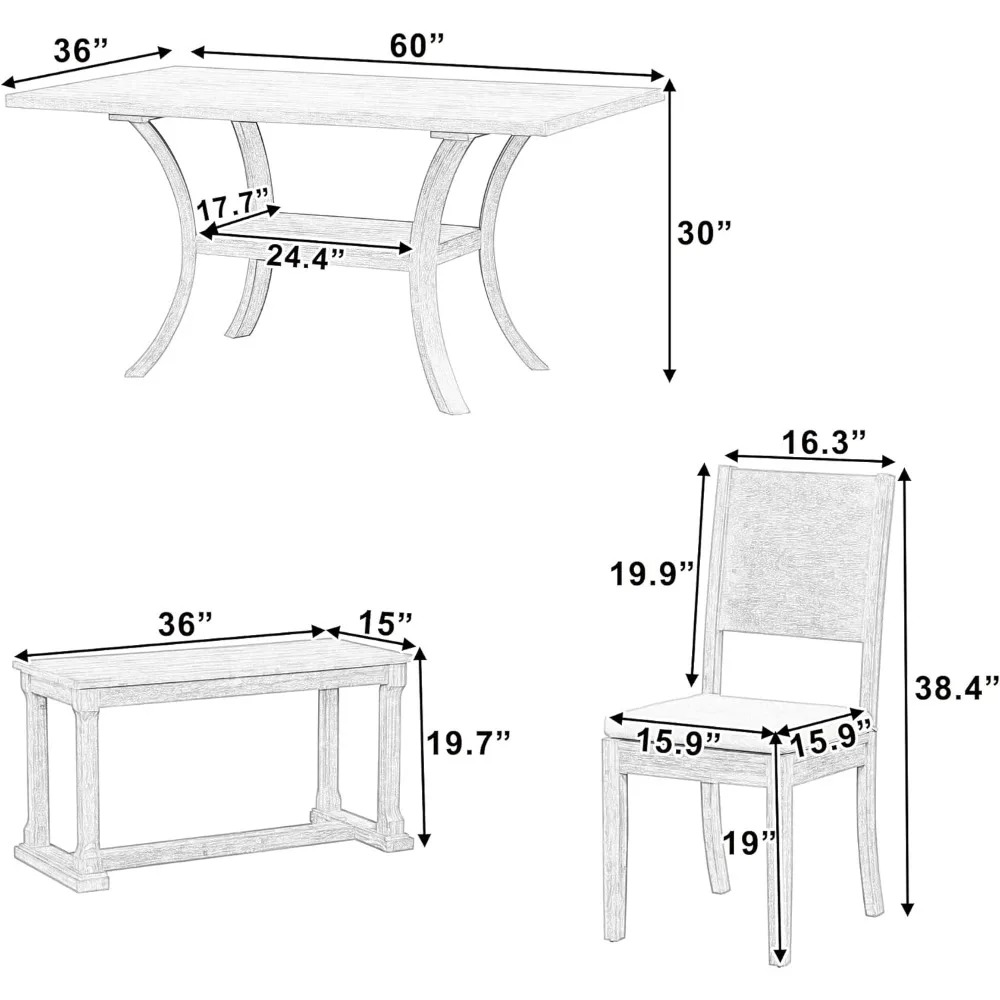 6-częściowy zestaw stołów do jadalni w stylu wiejskim na 6 osób, prostokątny drewniany stół z 4 wyjmowanymi poduszkami, krzesłami i ławką do jadalni
