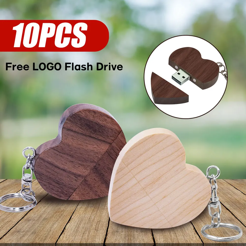 

10pcs USB Flash Drive 2.0 Wooden Heart Memory Stick Pendrive 4GB 16GB 32GB 100% Real Capacity Wedding Gifts Gifts Key Chain