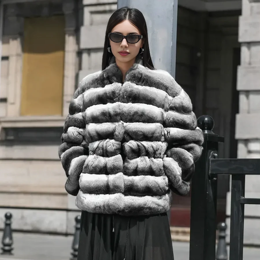 Rabbit Fur Coat With V-Neck Furry Jacket Chichilla Rex Rabbit Fur Coat New Arrivals Women's Natural Fur Coat