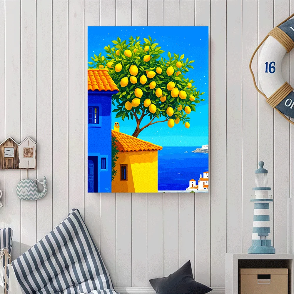 1PC-Canvas poster Unframed  Colorful Lemon Tree Coastal Village Art Print  summer
