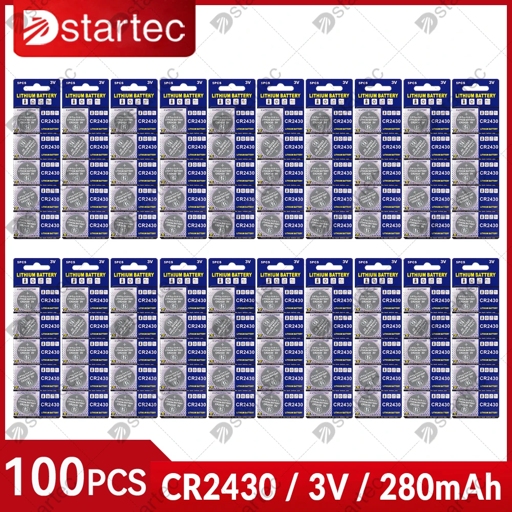 100PCS CR2430 3V Lithium Battery 280mAh DL2430 BL2430 BR 2430 For Watch Toys Car Remote Control Scale Clock Button Coin Cells