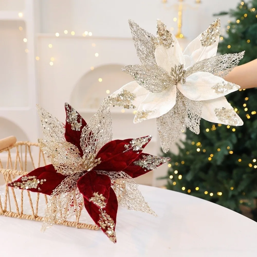 

29cm Artificial Christmas Flower Velvet Simulation Christmas Tree Wreath Handmade Realistic Christmas Poinsettia Xmas Party