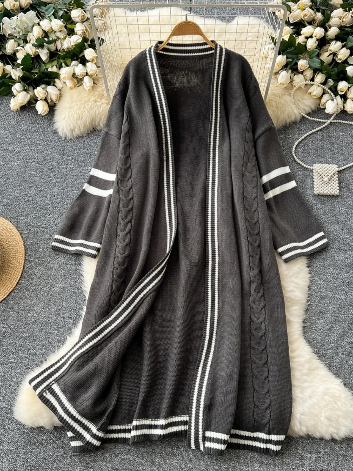 

Loose Women's Knitwear Sweater Autumn Winter Vintage Color Blo Versatile Long Outerwear Cardigan Girls Faion Casual Sle