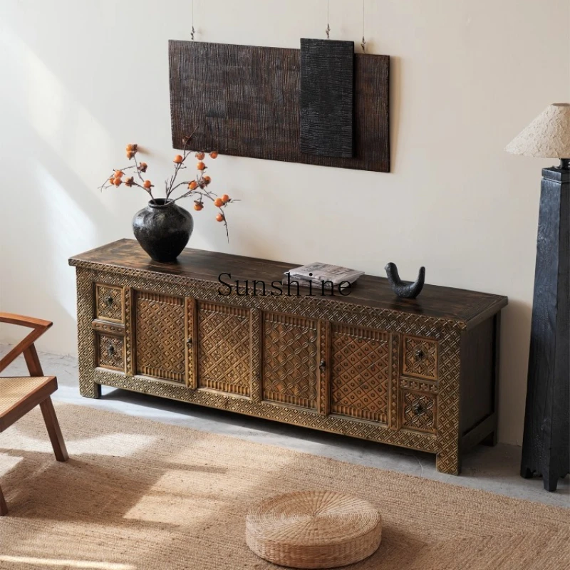 

Antique carved TV cabinet storage, old, retro solid wood folk decoration, art paint