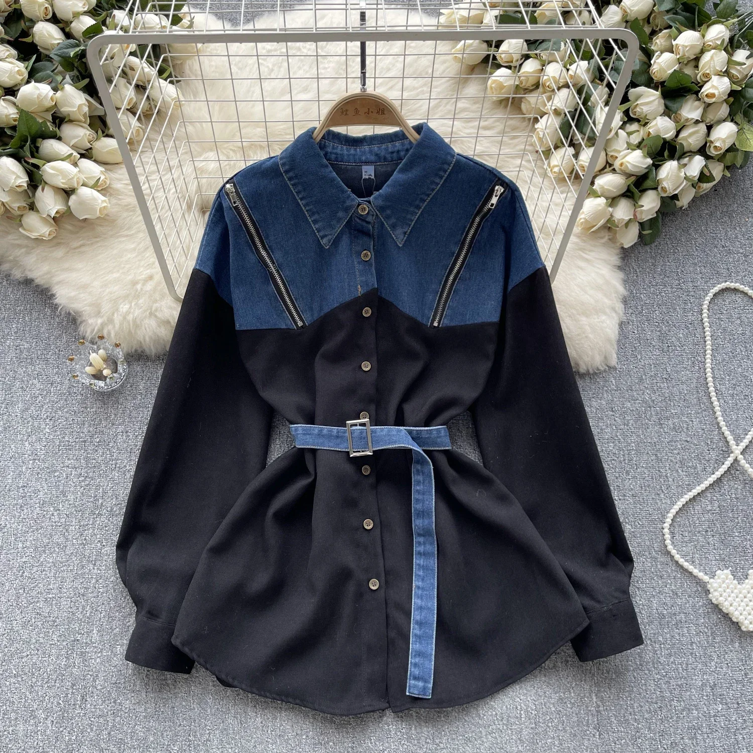 

Denim shirts women patchwork striped tops
