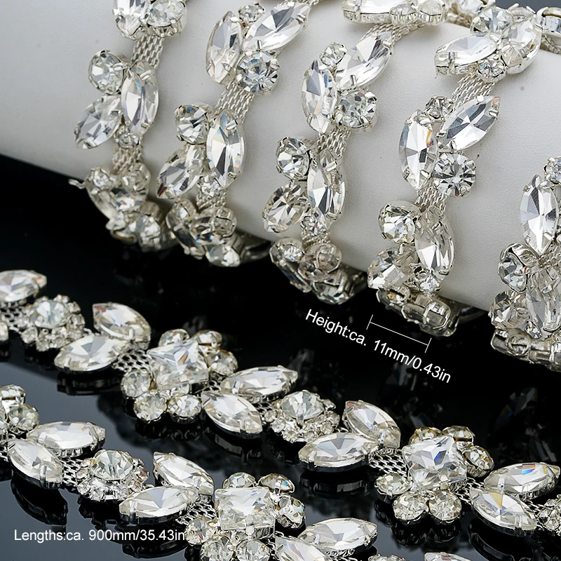 DUCRYSTARL 1Yard/90CM Rhinestone Claw Chain Silver Base Sew on Crystal Rhinstone Chain Trim Dress Garment Accessories