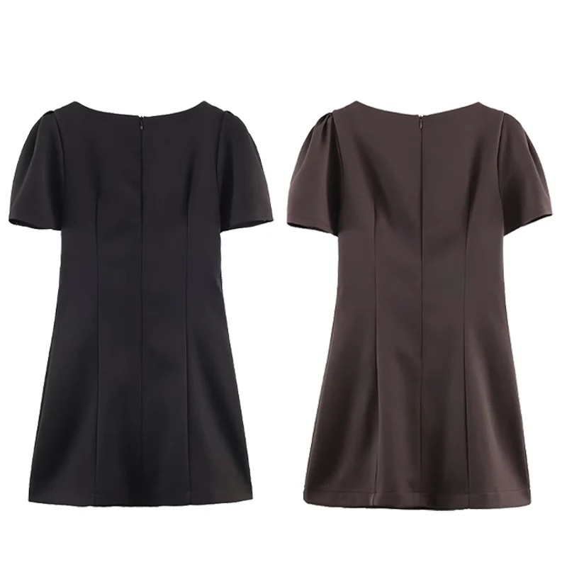 ชุดเดรสสตรีคอกลมแขนสั้นจับจีบเอวมีกระเป๋าตกแต่งชุดเดรสสั้นเหมาะสำหรับใส่ทำงานทุกวันและใส่ในสำนักงาน