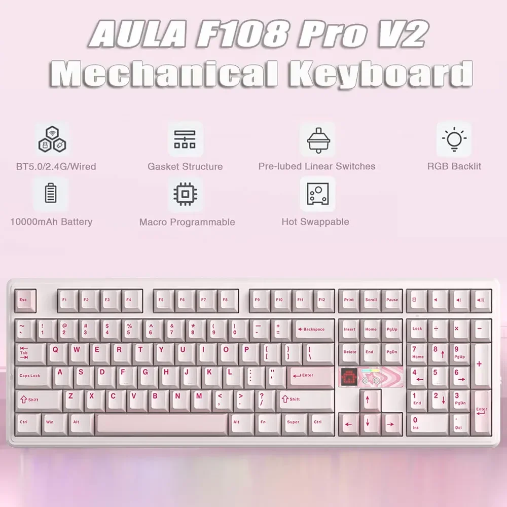 AULA F108 Pro V2 8KHz Polling Rate 10000mAh Tri-Mode Wireless Gaming Keyboard 100% Full Size RGB Hot-swap Gasket TFT Screen Mech