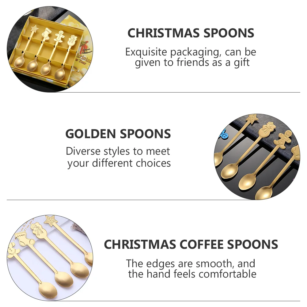 

4pcs Spoon Stainless Steel Christmas Christmas Spoons Dessert Long Handle Golden Mixing Elegant Gift Smooth Edge