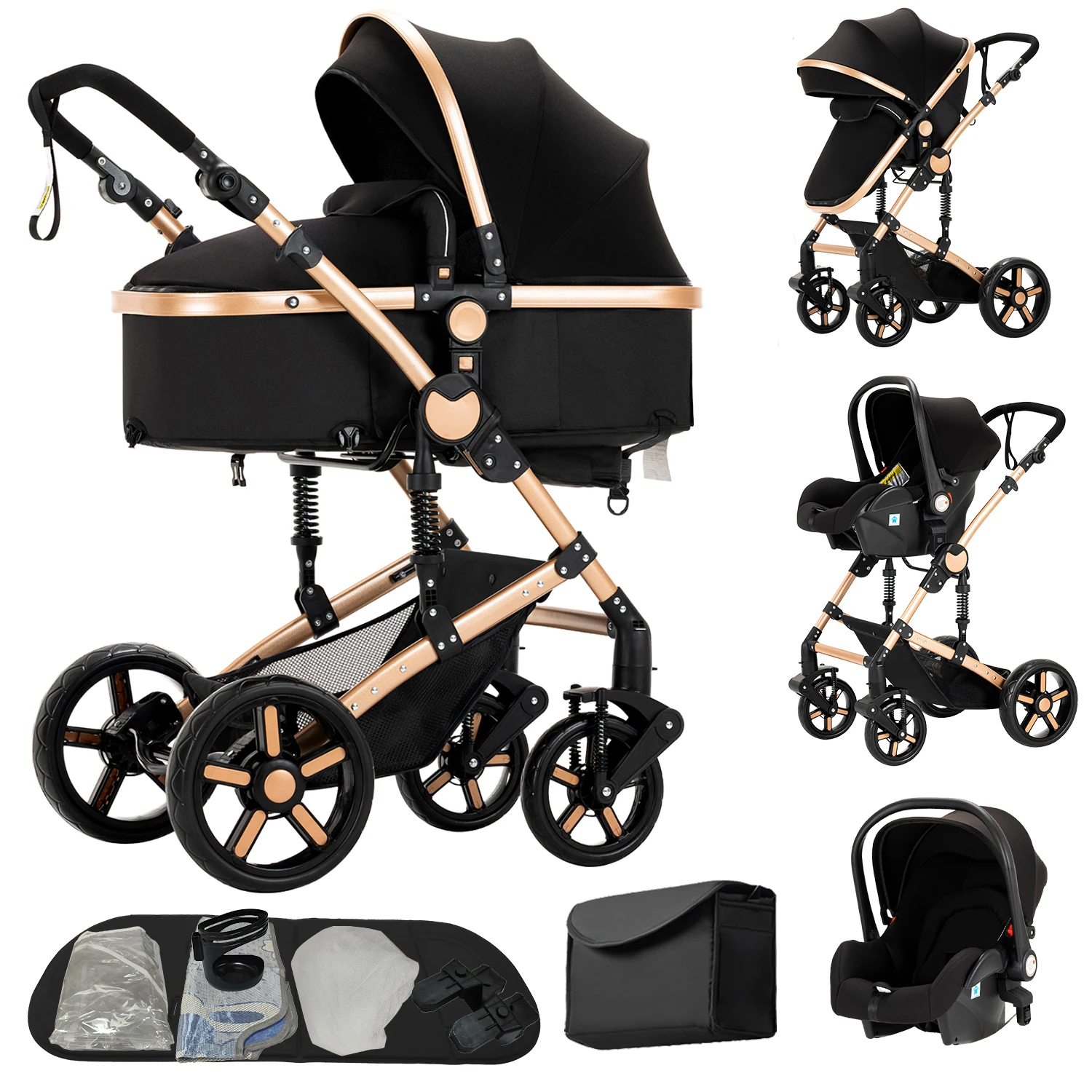 3-in-1 Baby-Kinderwagen-Reisesystem, Kinderwagen mit Autositz, leichter Rahmen, kompakt zusammenklappbar, hohe Sitzposition, stoßdämpfende Räder, umkehrbarer Sitz, mehrfach verstellbare Rückenlehne,