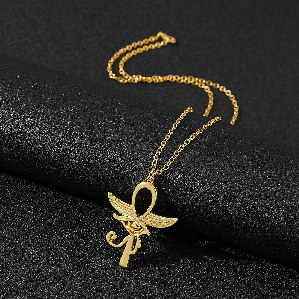 Eye Of Horus Ankh Necklace Women Men Ancient Egypt Wing Ankh Cross Pendant Necklaces Choker Silver Gold Plated Religious Jewelry