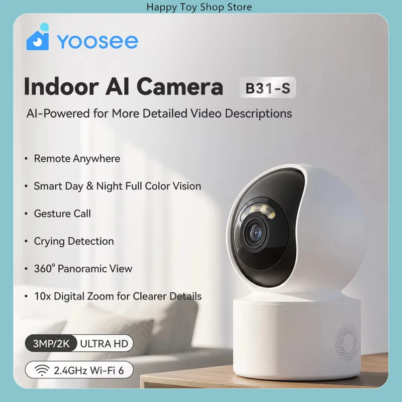 AI Security Camera 2K 3MP 360° WiFi6 Auto Tracking Full Color Night Vision Two-way Audio Onvif 256GB SD Yoosee B31-S
