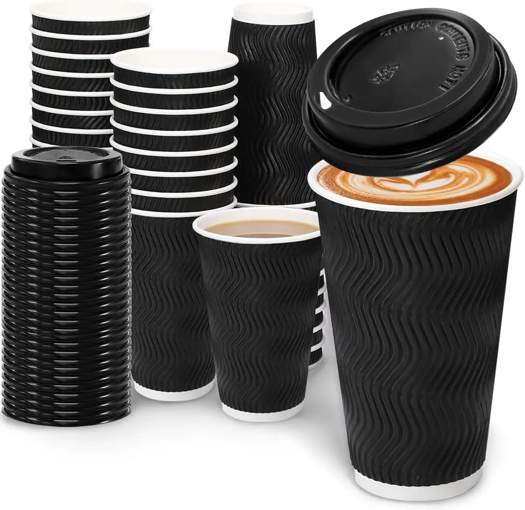 

100 Pack 16 oz Coffee Cups with Lids, Disposable Insulated Hot Cups To Go Paper Coffee Cups