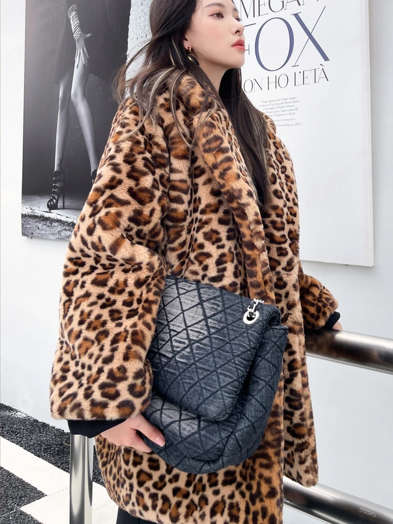 Lady Personalized Leopard Print Faux Fur Coat Female Lapel Jacket Streetwear Women\'s Winter Coats Promotion