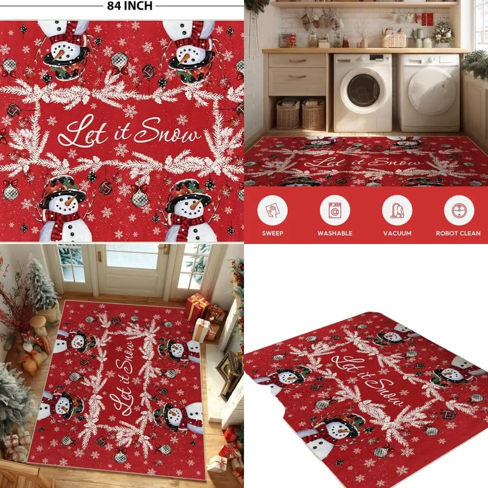 

Зимний рождественский коврик со снеговиком и снежком, низкопрофильный домашний коврик 5x7 футов, моющийся для домашнего декора