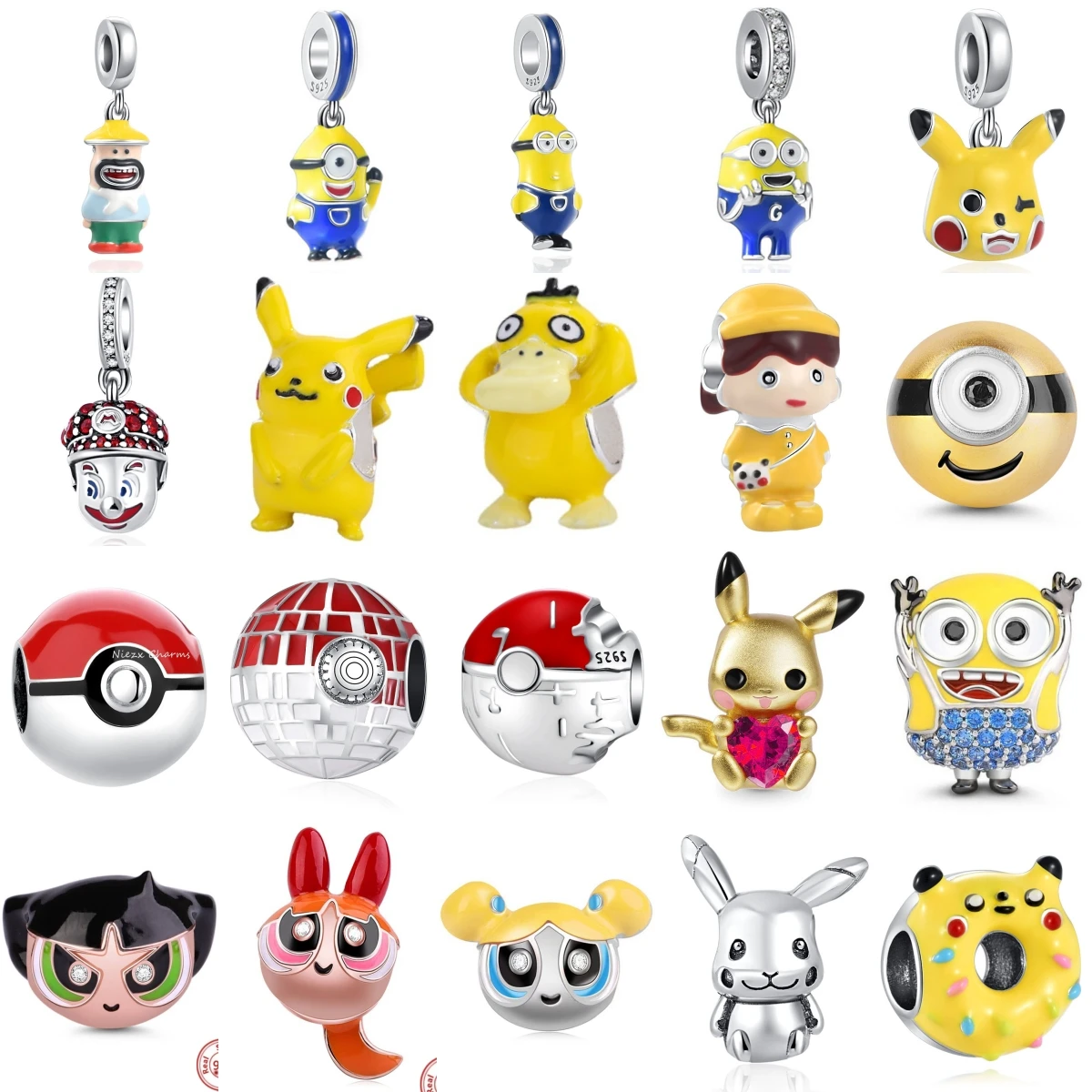 MINISO Minions Pikachu Charms S925 Beads Fit Bracelets Bangles Sterling Silver DIY Jewelry Kids Women Accessories Gift