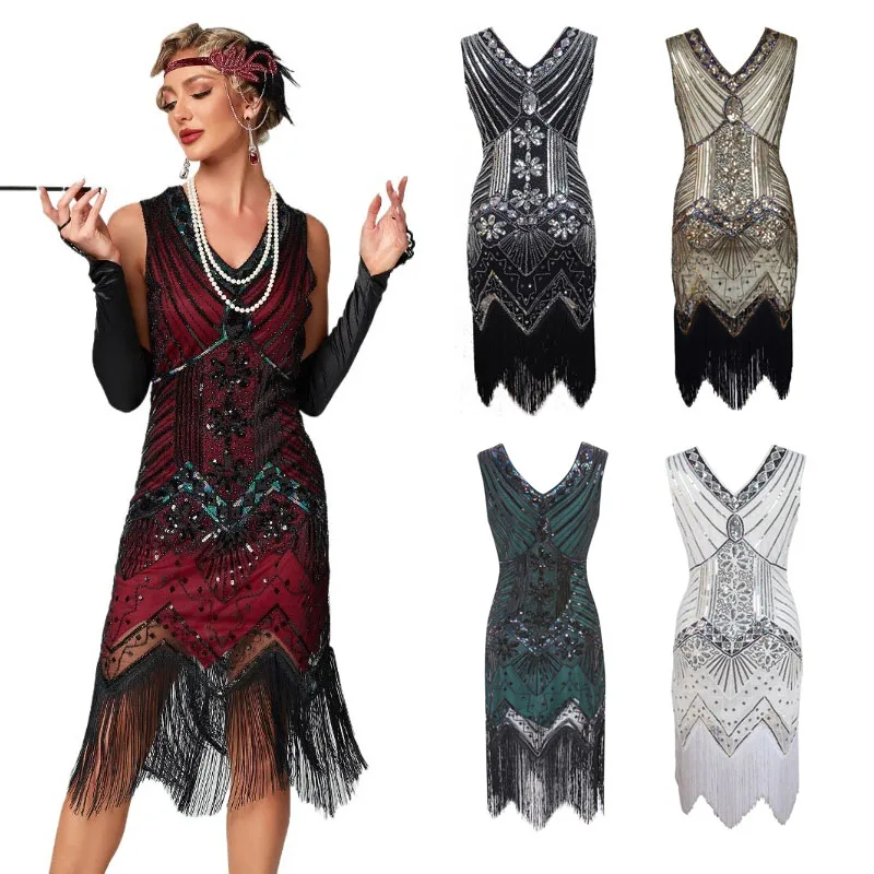 

1920s Flapper Dresses for Women Fringed Sequin Great Gatsby Dress for Women with 20s Accessories Roaring 20s Costume