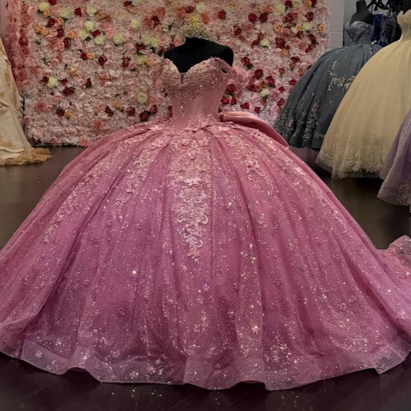 

Pink Shiny Ball Gown Quinceanera Dresses Sequin Applique Lace Beading Crystal Tull Corset Off Shoulder Sweet 16 Dress Vestidos