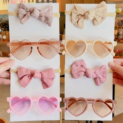 2 Pcs/Set New Girls Lovely Solid Color Cotton Bowknot Hairband Heart Shape Outdoor Acrylic Sunglasses Set Kids Hair Accessories