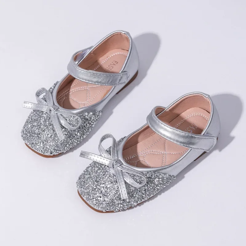 Kids Leather Shoe Spring Autumn Elegant Girls Party Shoes Fashion Sequins Bowtie Children Princess Shoes for Wedding Shallow