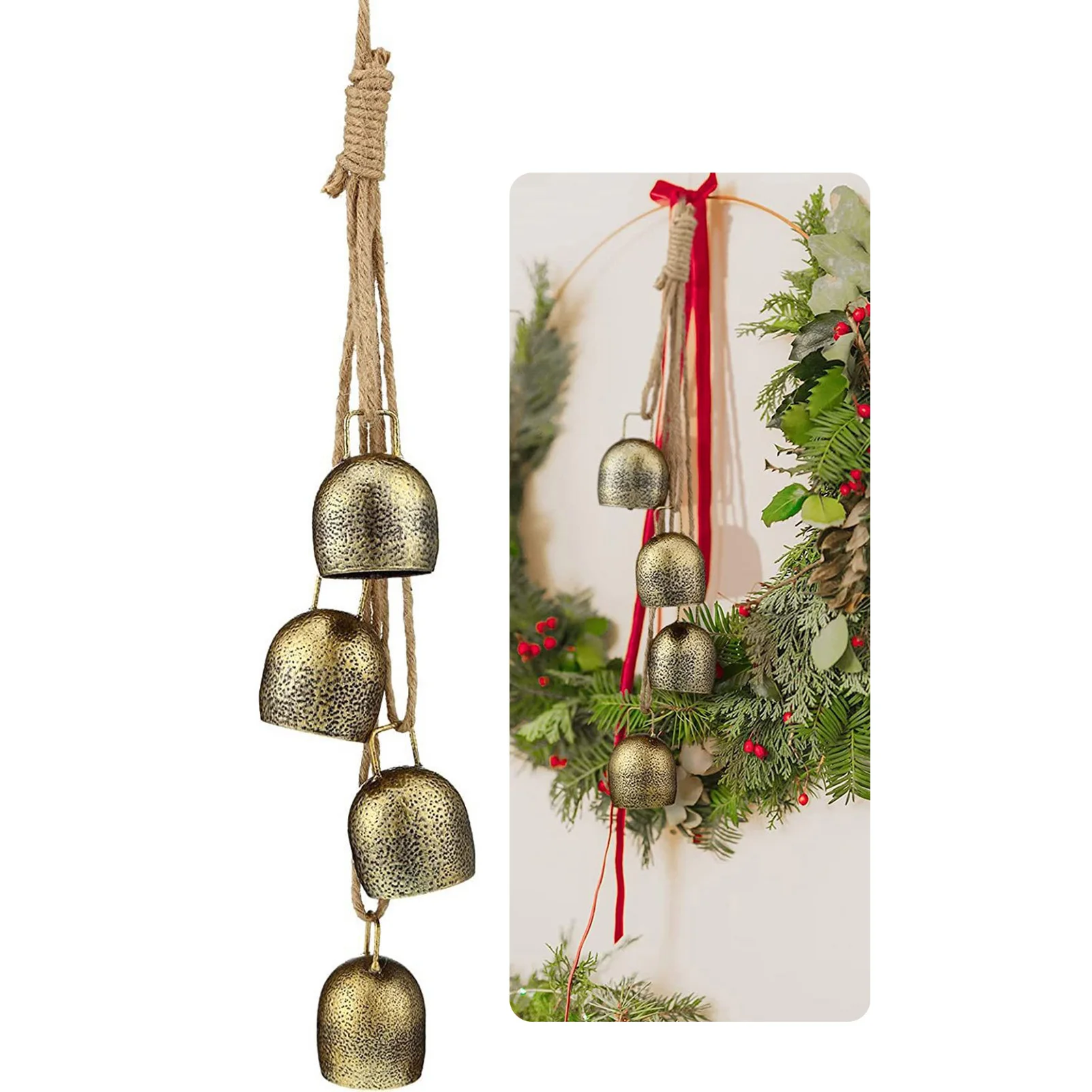 Retro Style Christmas Bell Pendant Hemp Rope Hanging Festival Decor for Door Window Backpack Decor