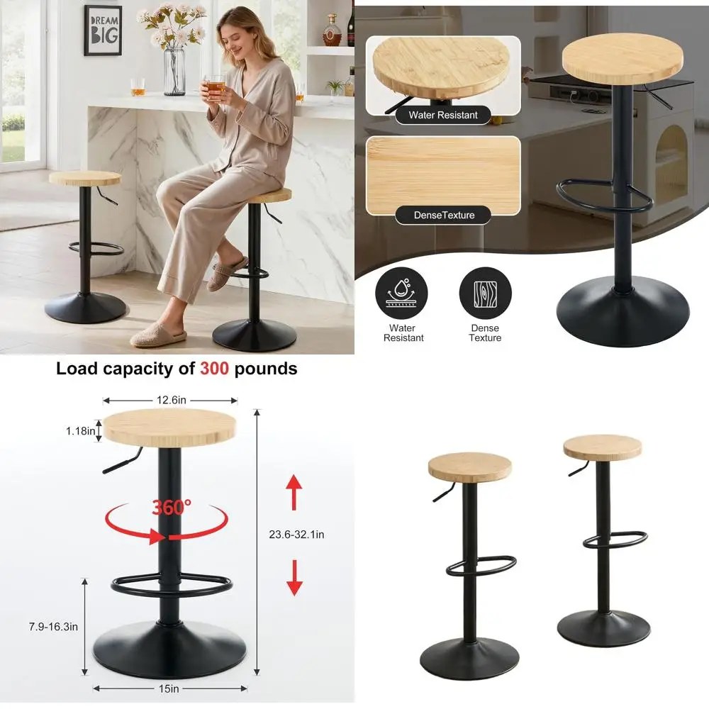 

Набор из 2 бамбуковых поворотных регулируемых барных стульев, современная высота стойки, жесткое сиденье, открытая спинка для кухонного острова, столовой, кафе,