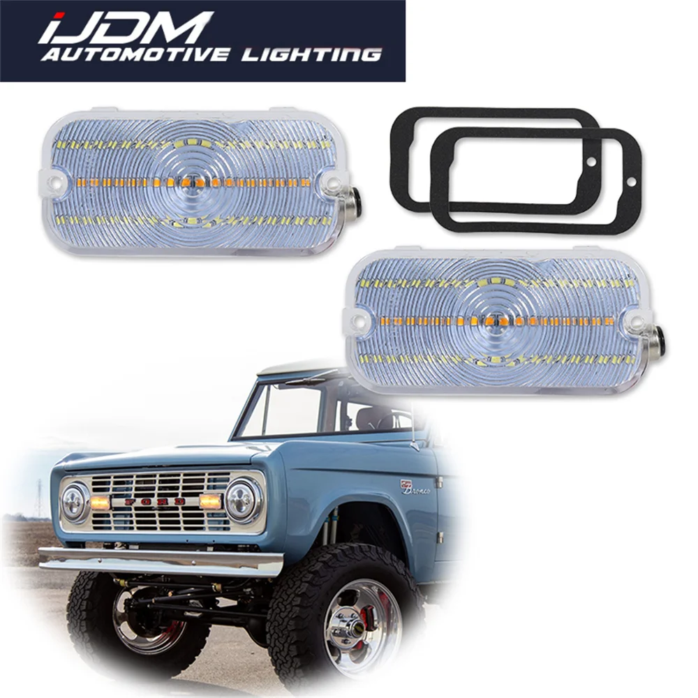 For Ford Bronco 1966 1967 1968 Dual-color LED Dynamic Amber Front Turn Signal Lights w/ White DRL Parking Lights Driving Lights