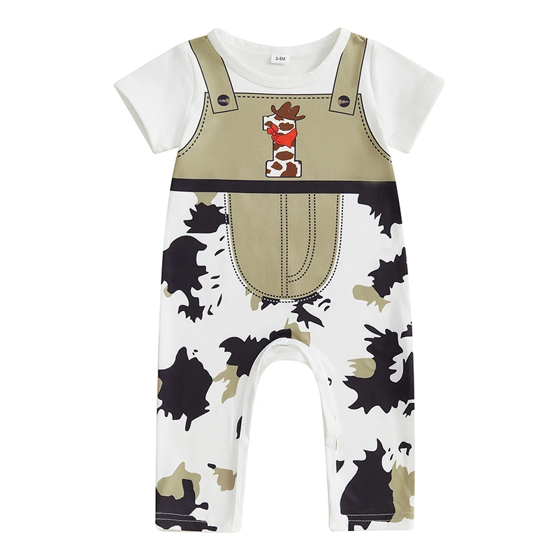

Baby Boys Rompers Letter Cow Pattern Print Round Neck Short Sleeve Summer Clothes Bodysuits Jumpsuits