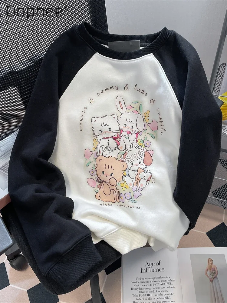 

Cute Cartoon Cat Printing Crew Neck Sweatshirts Women 2023 Spring Autumn Color Matching Long-Sleeved Hoodies Pullover Top Female