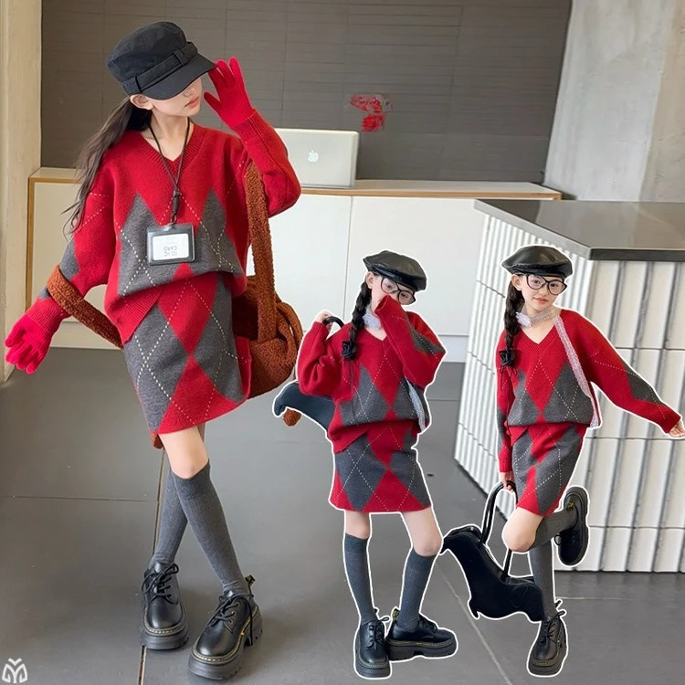 

autumn winter 4-14 teen girl red sweater skirts set V-neck diamond grid sweater+skirt 2pc new year junior child kid outfits suit