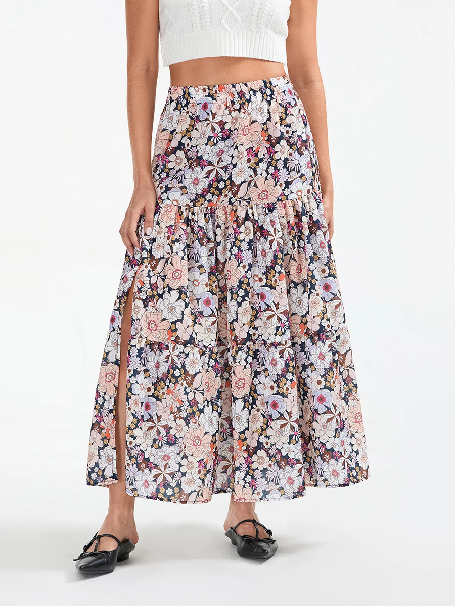 

New Fashion Women Long Skirt Elegant High Waist Floral Flowy Slit Skirt Summer Skirt For Casual Daily Club Hot Sale S-XL