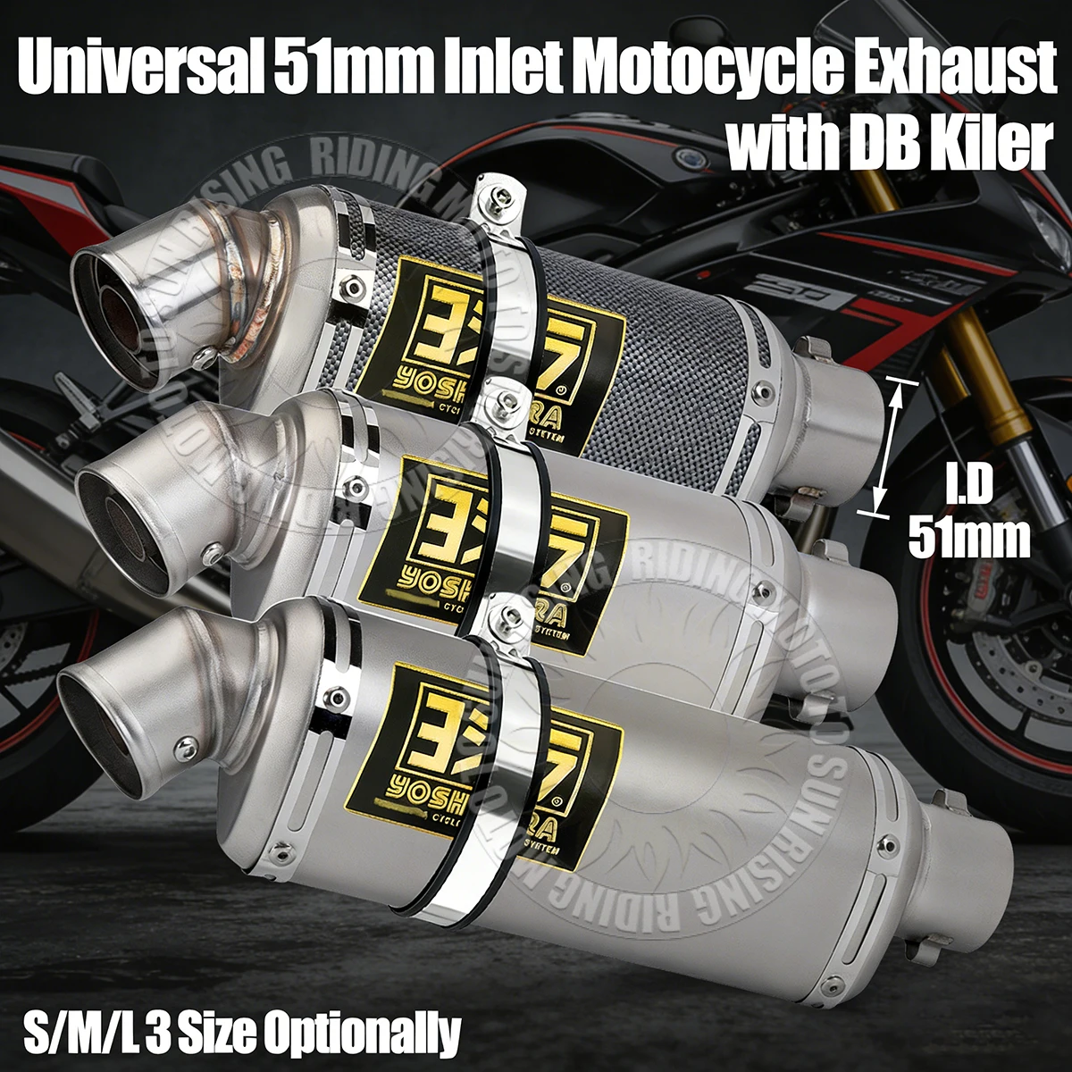 

Universal yoshi Motocycle Exhaust Muffler Escape 38mm 51mm Inlet Stainless Steel Tail Pipe With DB Killer Includ Gold Sticker