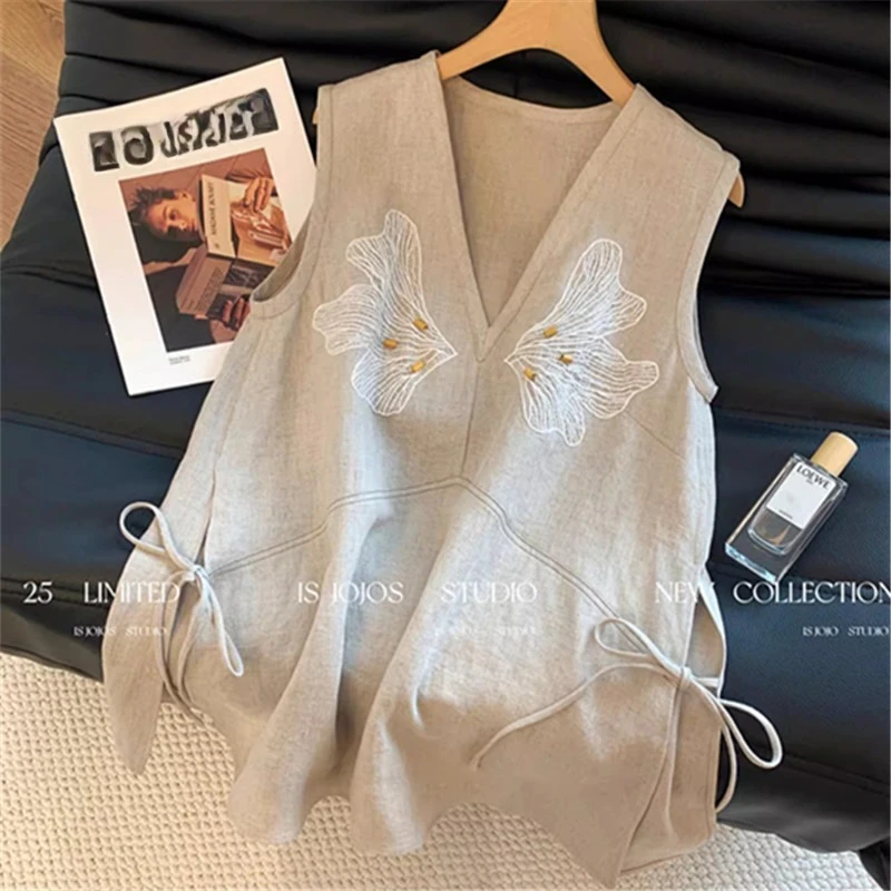 

Gothiscyn Embroidered V-neck Linen Vest Women's Summer Casual Loose Lace-up Sleeveless Top Fashion Female Clothes
