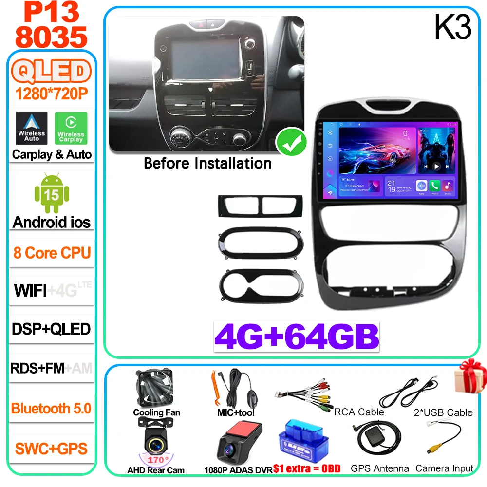 Android 16 autoradio Carplay voor Renault Clio 4 2012 2013 2014 2015 2016 2017 2018 speler autoradio touchscreen spiegeling