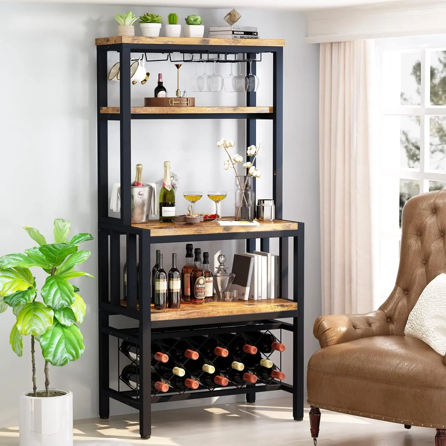 

Wine Rack Freestanding Floor, Kitchen Organizers and Storage with Wine Bottle Holder Glass Holder, Multi-Function Bakers Rack