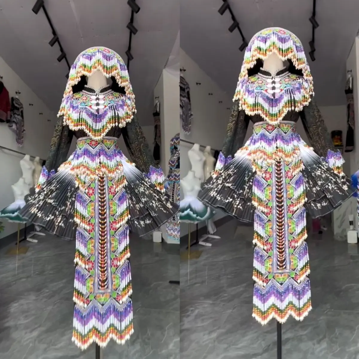 2025 جديد يوننان مياو الأرجواني تنورة قصيرة مجموعة المطرزة حبة أعلى + تنورة قصيرة + قبعة الملابس العرقية مجموعة جديدة هالوين عيد الميلاد #1