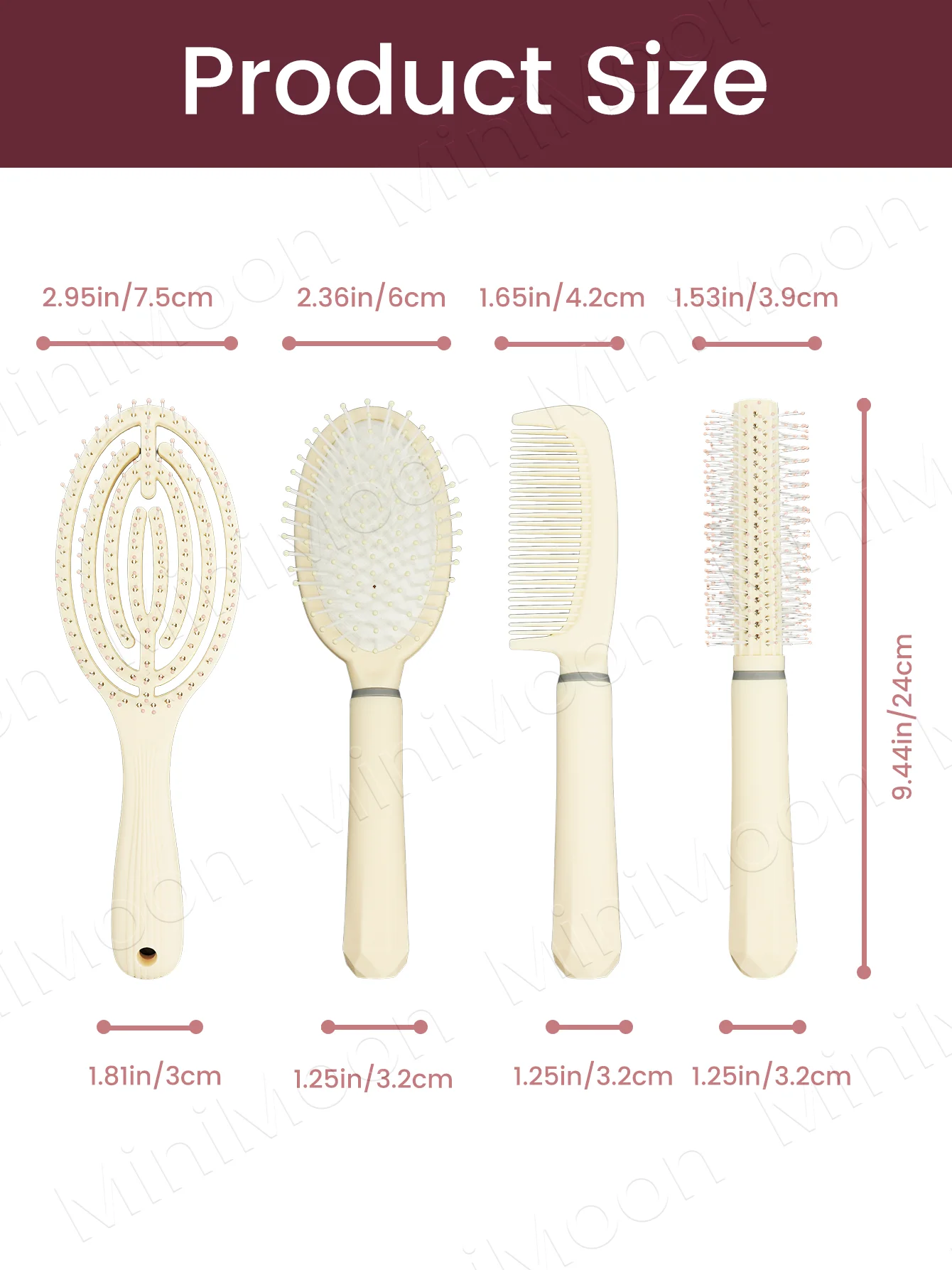 4-Piece Hair Brush Set - Ventilated Hollow Detangling Brush, Paddle Brush, Fine Tooth Comb & Round Styling Brush for All Hair Ty