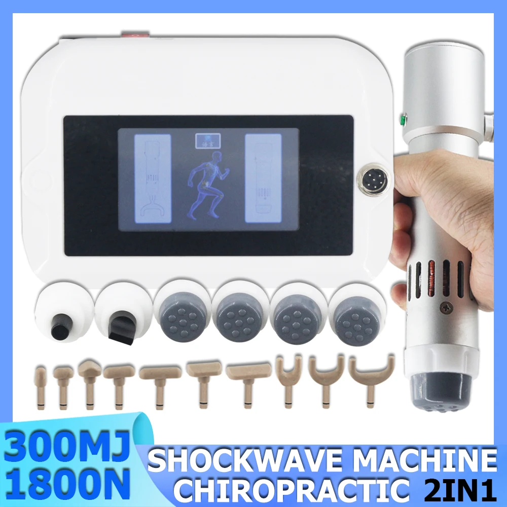 300MJ Shockwave Therapy Machine Pain Relief Body Massage 2in1 Shock Wave 1800N Electric Chiropractic Correction Gun ED Treatment