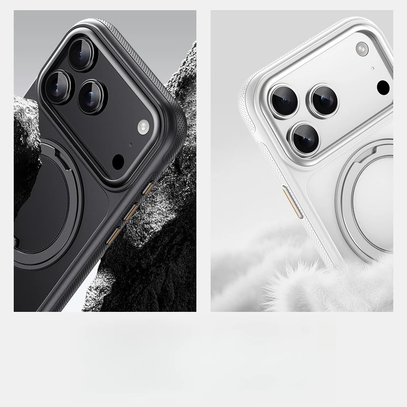 Capa magsafe de plástico transparente fosco para iphone 17pro 17 pro max air metal 360 anel giratório suporte hodler armadura capa traseira