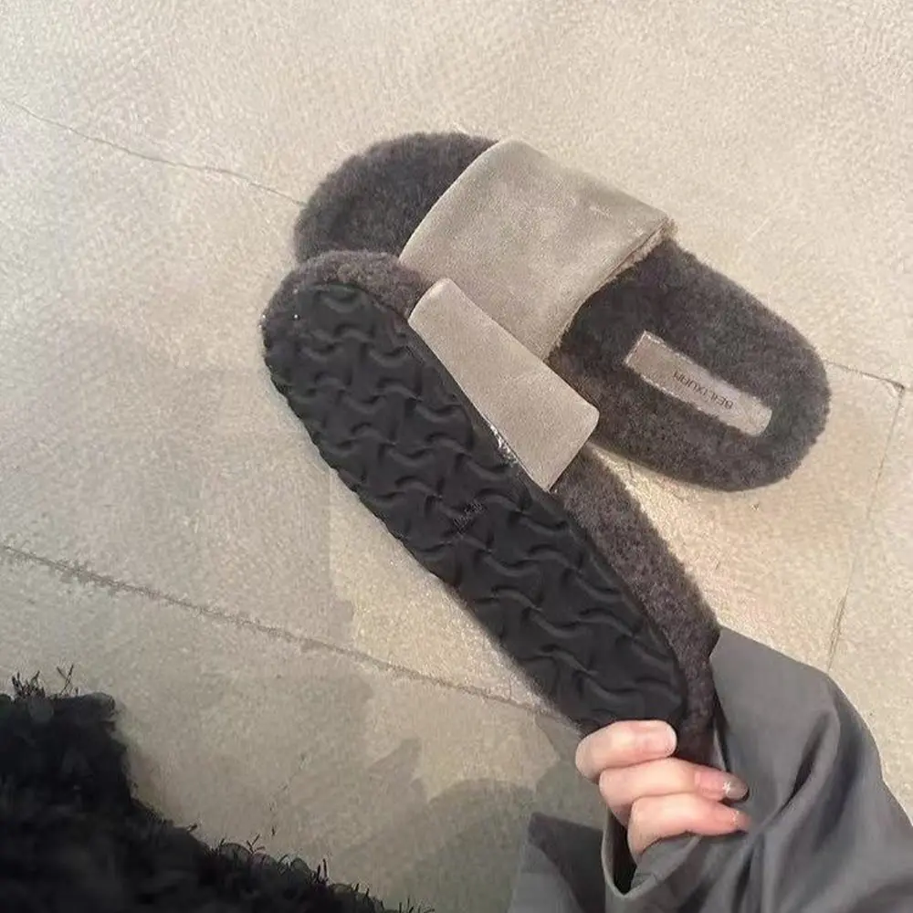 موضة دافئة نعال مسطحة دافئة للمنزل داخلي فروي أفخم أحذية المرأة دافئ الجلد المدبوغ المفتوحة تو النعال ملابس داخلية أنيقة