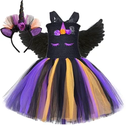 Kids Unicorn Witch Halloween Costumes for Girls Black Dark Angel Fancy Dresses with Wings Horns Children Carnival Party Outfit