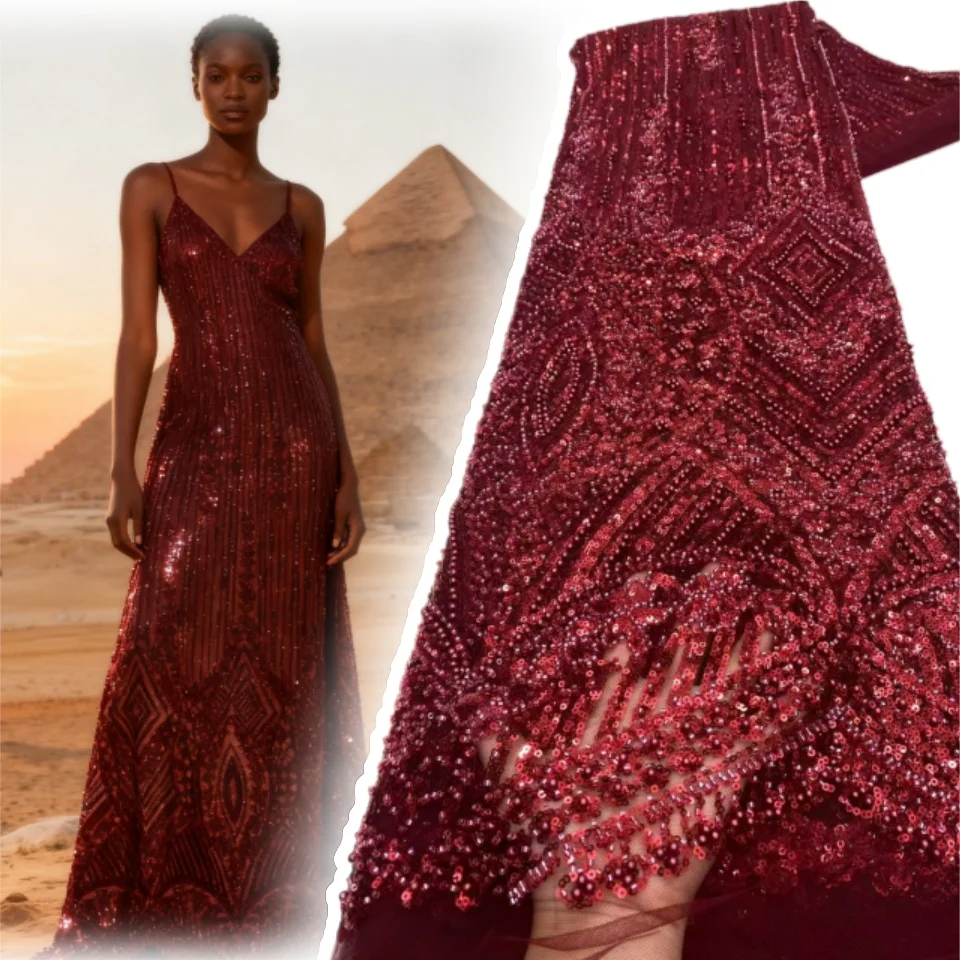 

Luxury African Lace Fabric 2026 High-Quality French Nigerian Sequined Beaded Lace Fabric Suitable for Party Dresses 5Yards 1892