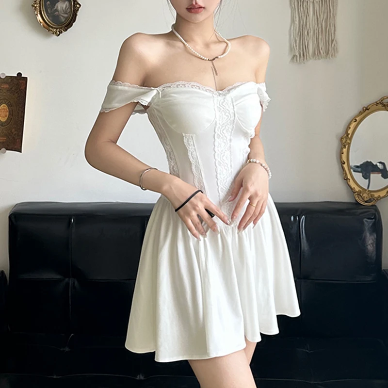 IAMHOTTY French Style Lace Stitching A-line Mini Dress Women Chic Elegant Slim-fitting Milkmaid Sleeveless Dresses Holiday Party