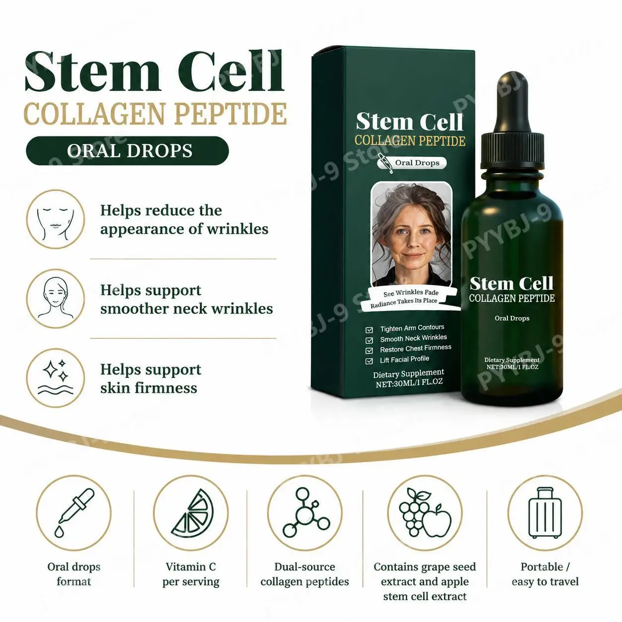Stem Cell Collagen Peptide Drops with Vitamin C, Grape Seed Extract, Amino Acids, Anti-Wrinkle & Skin Firmness Support, 30 mL