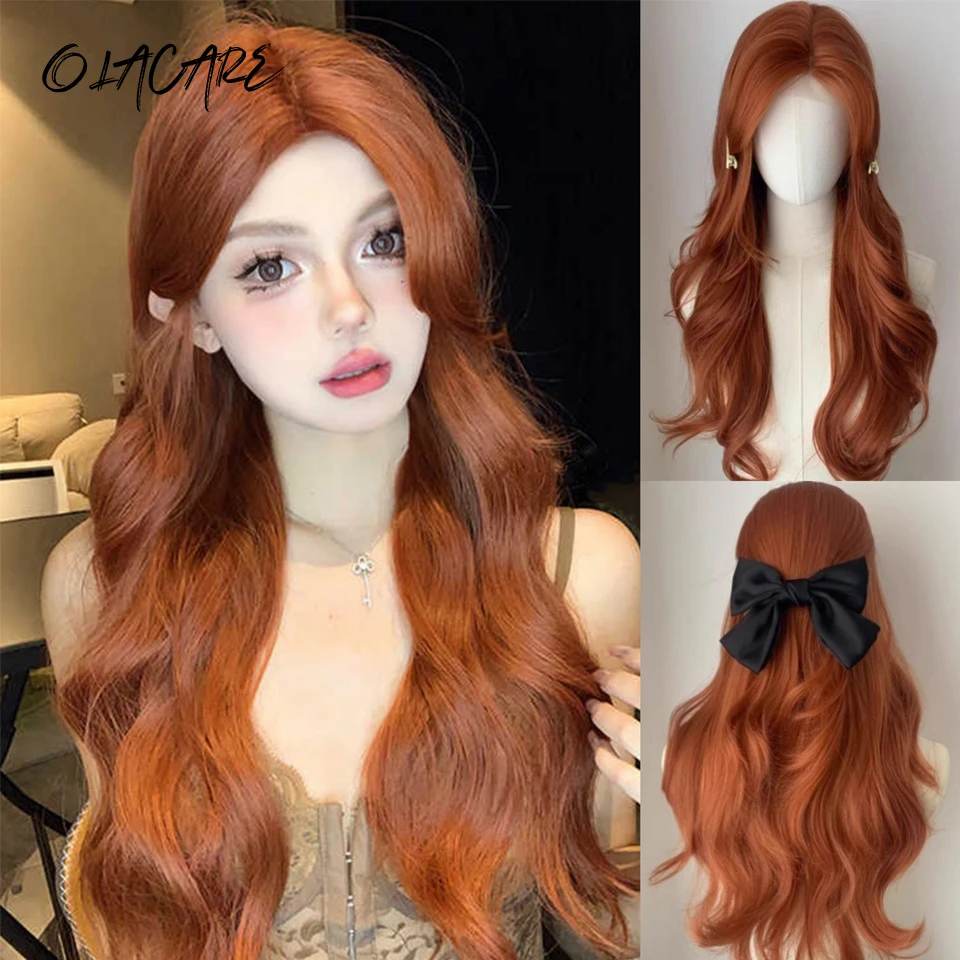 Red Brown Copper Ginger Long Straight Synthetic Lace Front Wigs for Women Natural Wave Wigs with Bangs Cosplay Heat Resistant